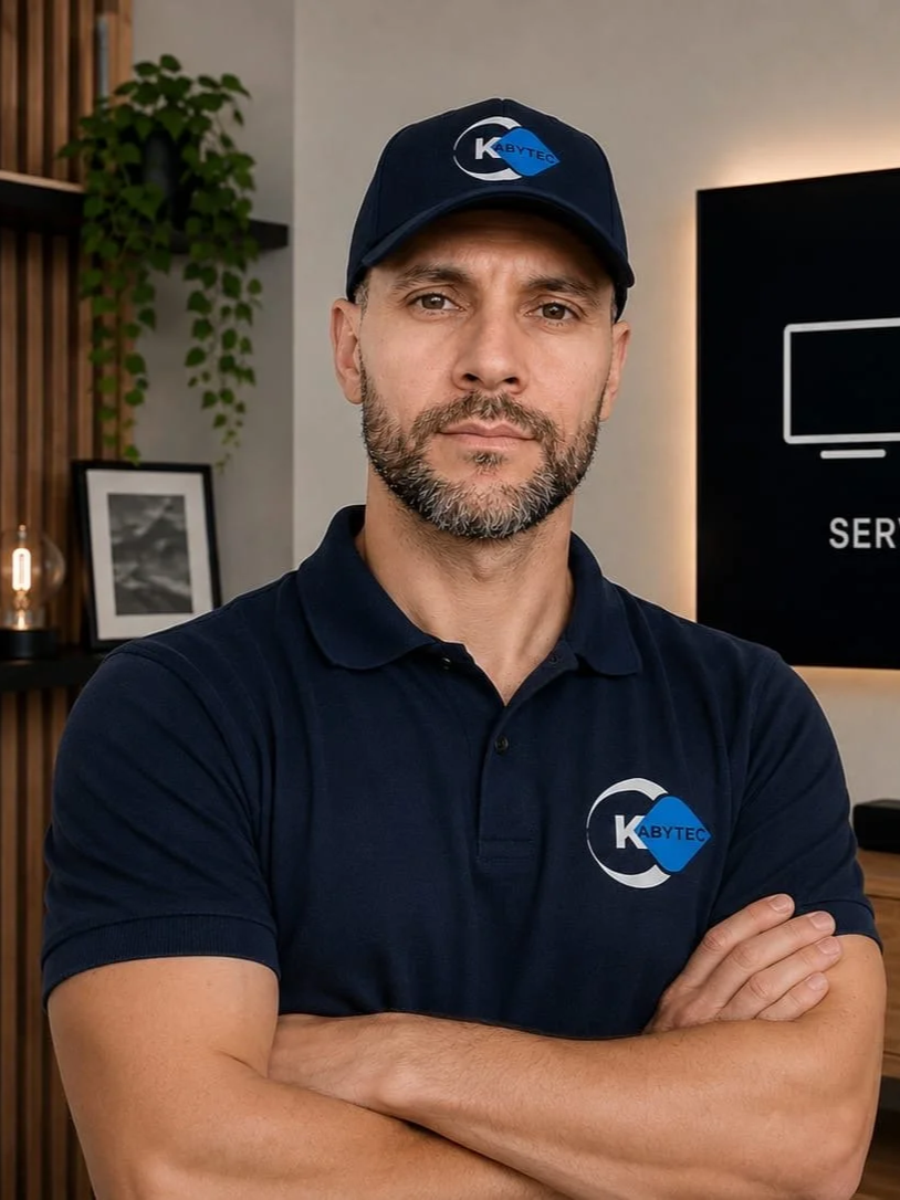 Un homme souriant porte une casquette et un polo avec le logo Kabytec, dans un intérieur moderne avec des plantes et un écran noir en arrière-plan.