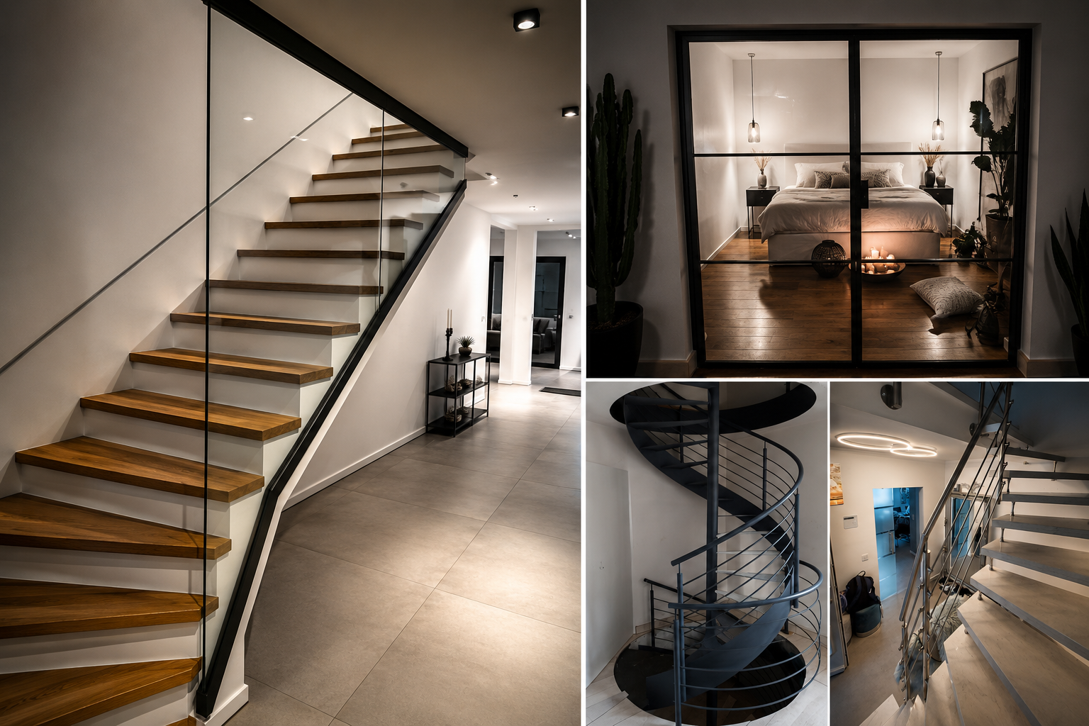 Verschiedene moderne Inneneinblicke mit Treppen, Schlafzimmer, Flur und Wohnzimmer in einem Haus
