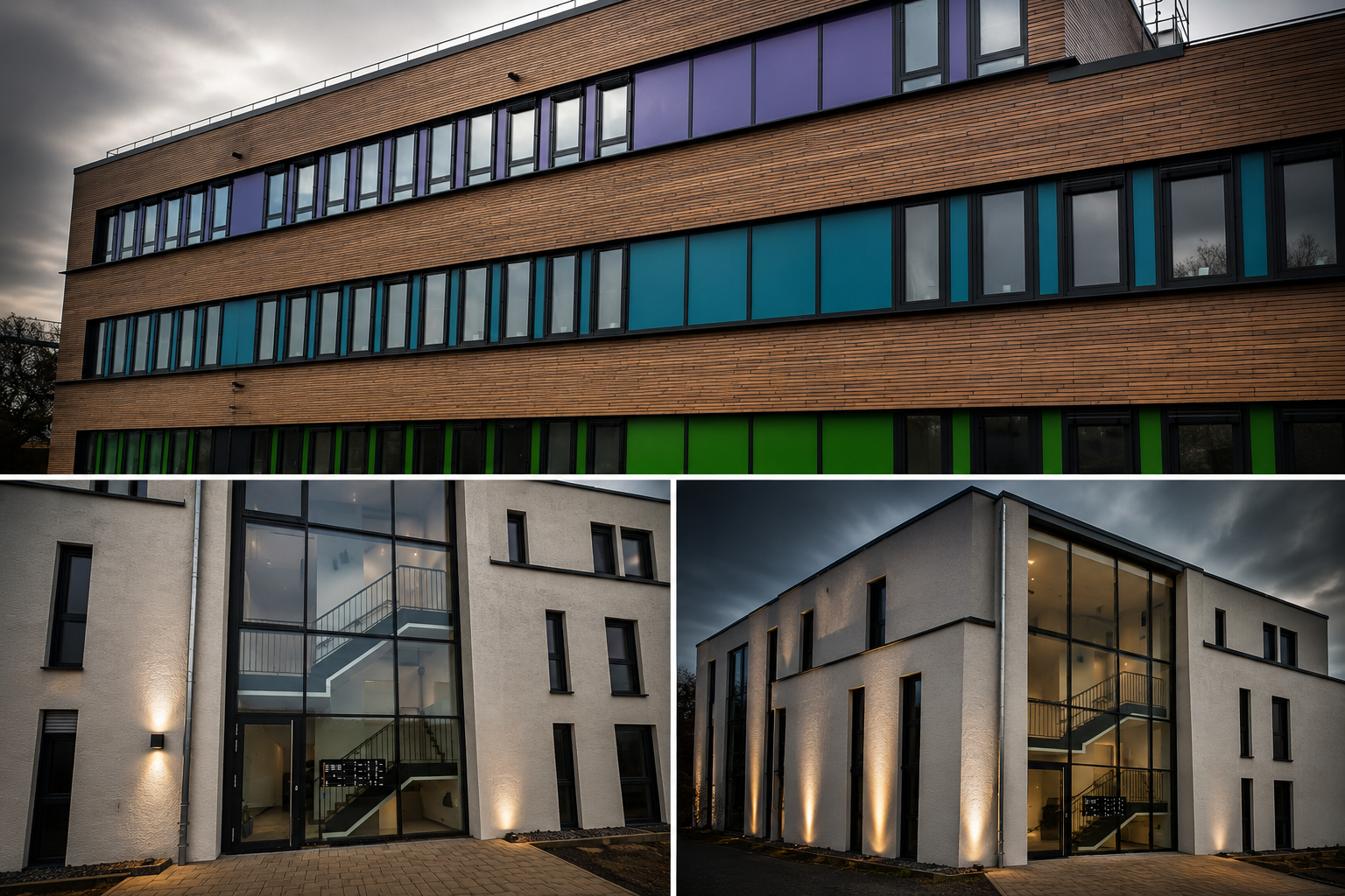 Drei moderne Gebäude, eines mit bunten Fensterbändern, die anderen zwei mit weißen Fassaden und großen Fensterfronten, abends mit Beleuchtung
