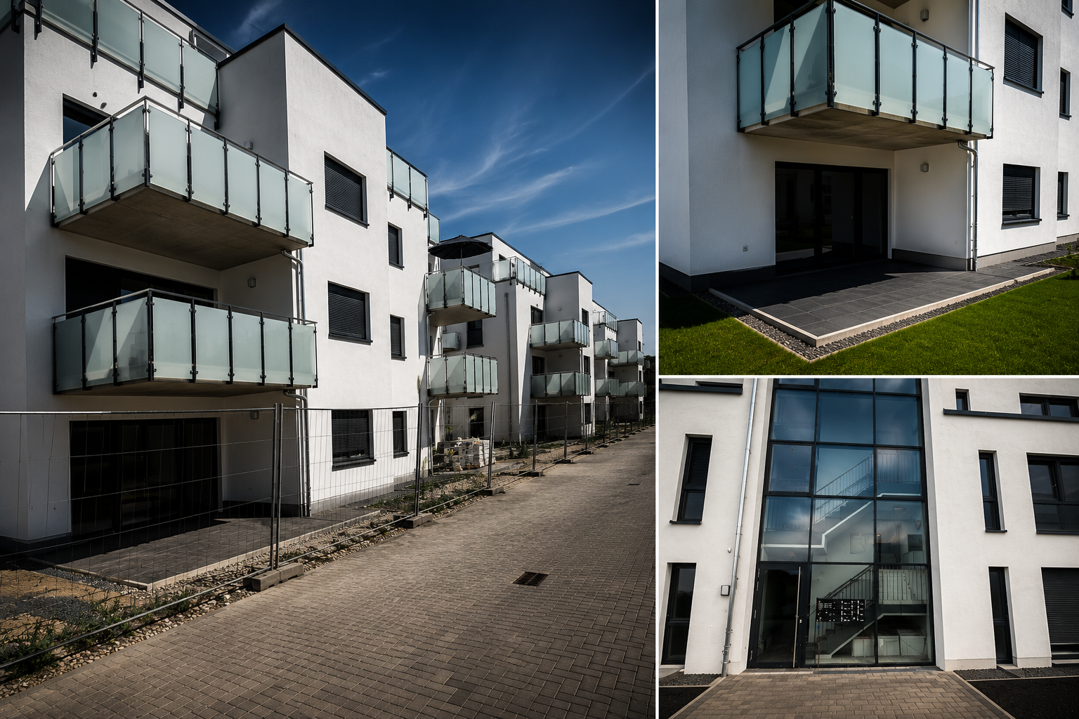 Modernes weißes Wohngebäude mit Balkonen aus Glas und Metall, Terrassen und großen Fenster, umgeben von einem gepflegten Garten und einer schmalen Straße.