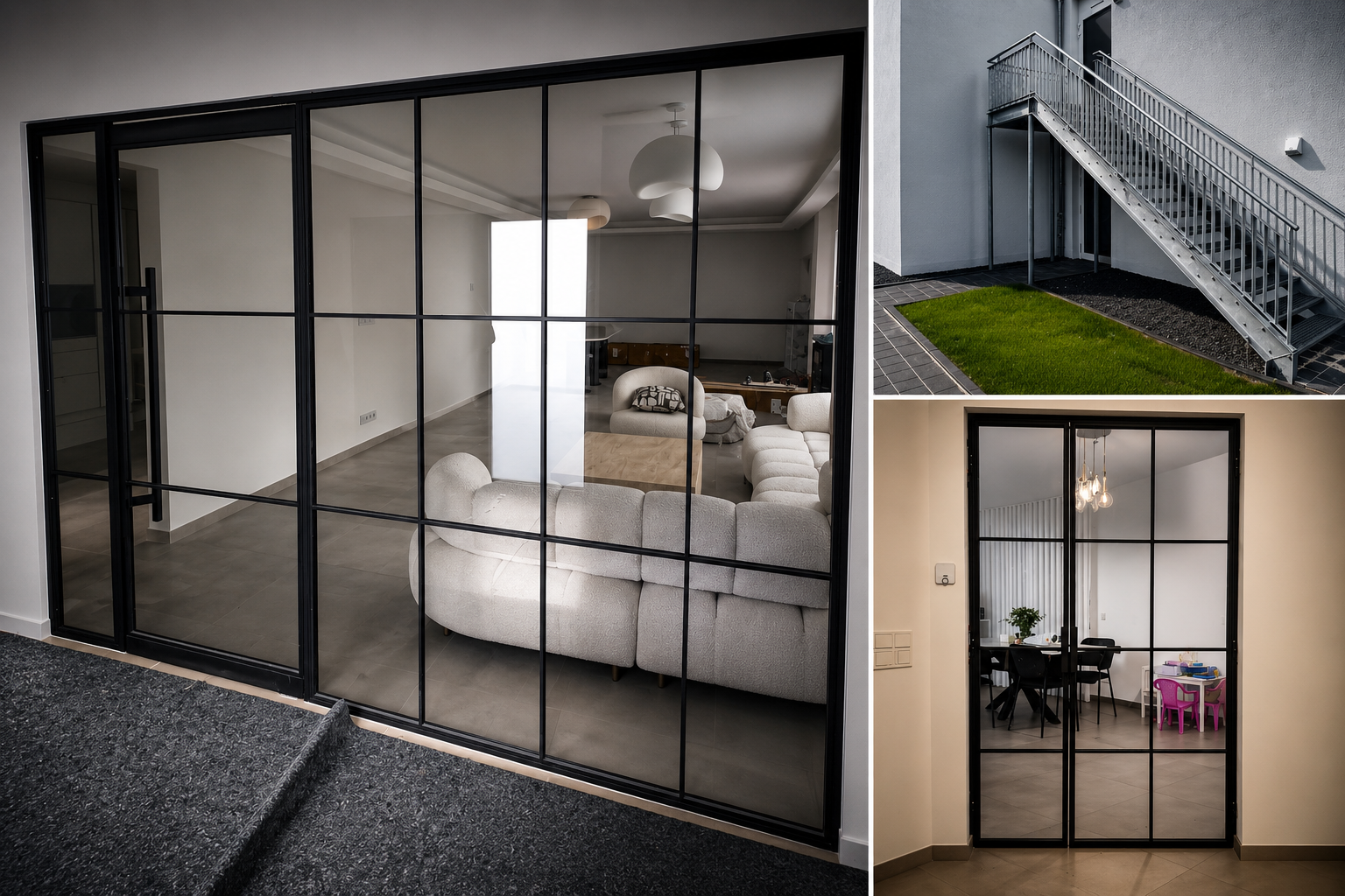 Drei Bilder von modernen, gläsernen Schiebetüren in einem Wohnhaus. Das erste Bild zeigt eine große Schiebetür, die ein Wohnzimmer mit weißen Wänden und grauem Boden trennt. Das zweite Bild zeigt eine Außentreppe aus Metall an einem grauen Gebäude. Das dritte Bild zeigt eine kleinere Schiebetür im Inneren eines Hauses, die einen Essbereich mit schwarzen Stühlen und Tischen trennt.