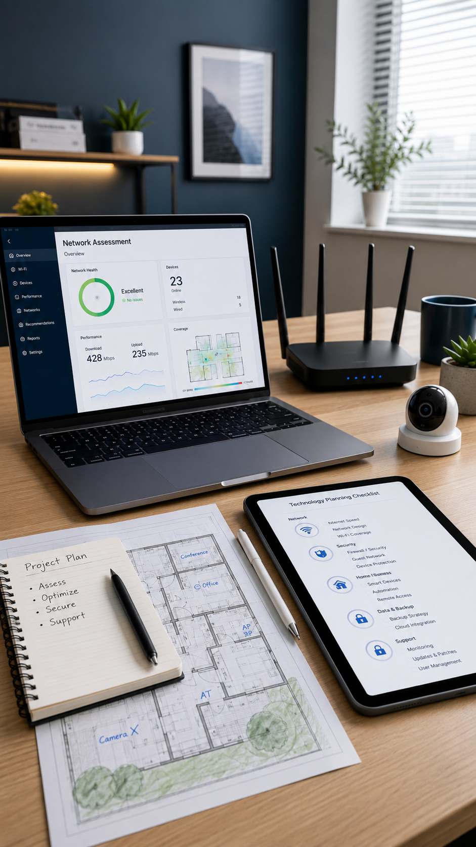 An office desk with a laptop displaying a network assessment dashboard, a tablet showing a technology planning checklist, notes with a project plan, a pen, a router, a security camera, a small potted plant, a blue mug, and a sketch of a building layout. The room has a window with blinds, a dark blue wall, and framed art.