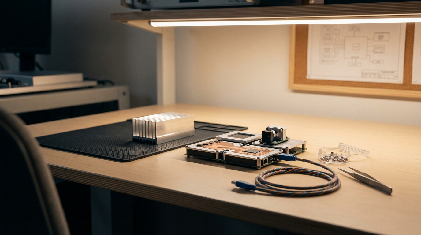 Workstation with disassembled electronic device, cooling fins, cables, screwdriver, and small parts on a wooden desk under a lamp.