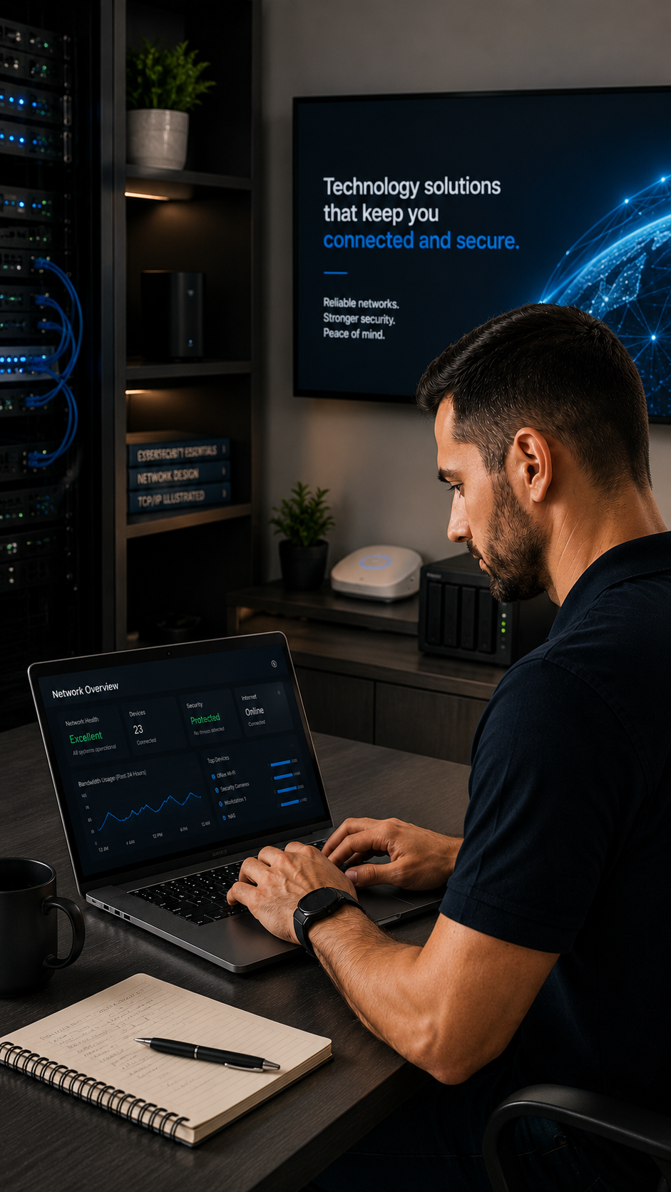 A man working on a laptop in a server room or IT office, with screens displaying network and security information. The background features a large monitor with text about technology solutions for secure connectivity, and shelves with network equipment, books, and a potted plant.