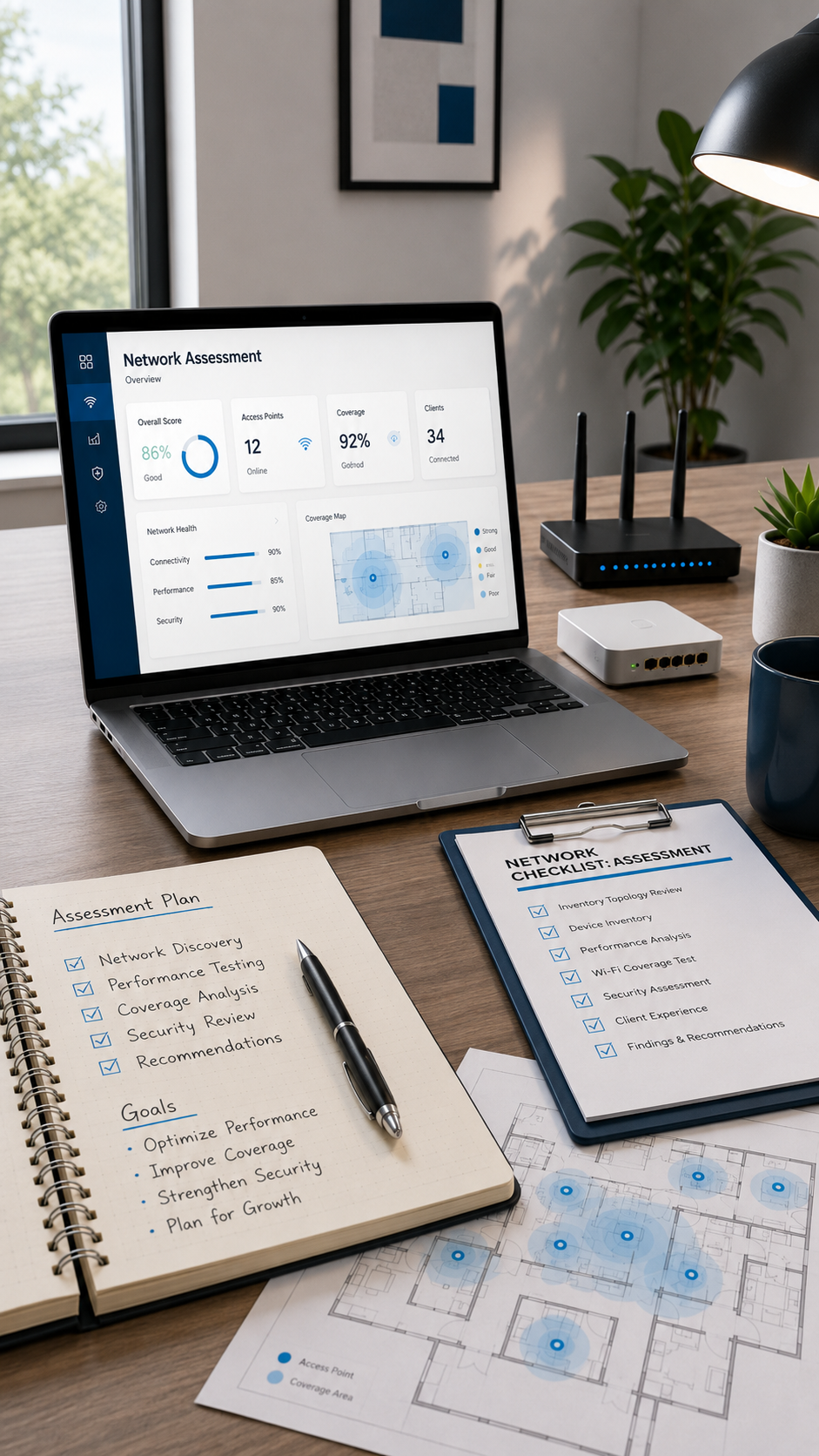 A workspace with a laptop showing a network assessment dashboard, a network checklist, an assessment plan, a pen, a blueprint, and a network topography map, along with a router and a small network device on the desk.