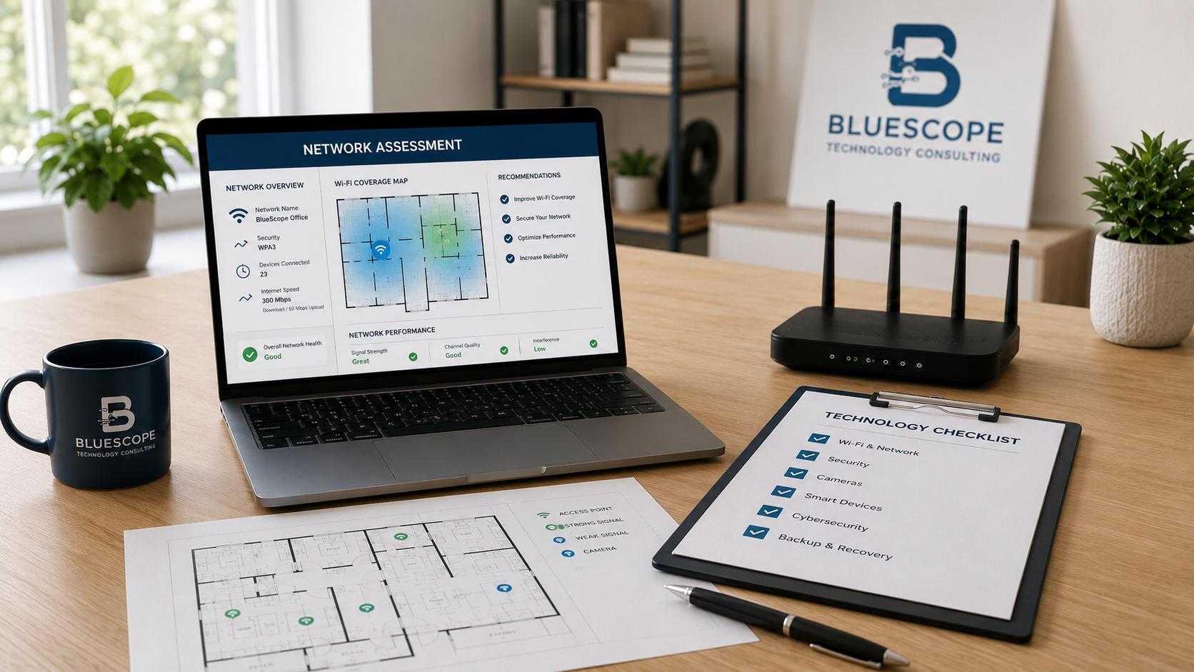An office desk with a laptop displaying a network assessment, a blue mug with 'BLUESCOPE' logo, a Wi-Fi router, a clipboard with a technology checklist, and printed floor plans, with potted plants and a Bluescope Technology Consulting sign in the background.