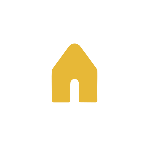 Icon of a yellow house with a simple design on a white oval background.