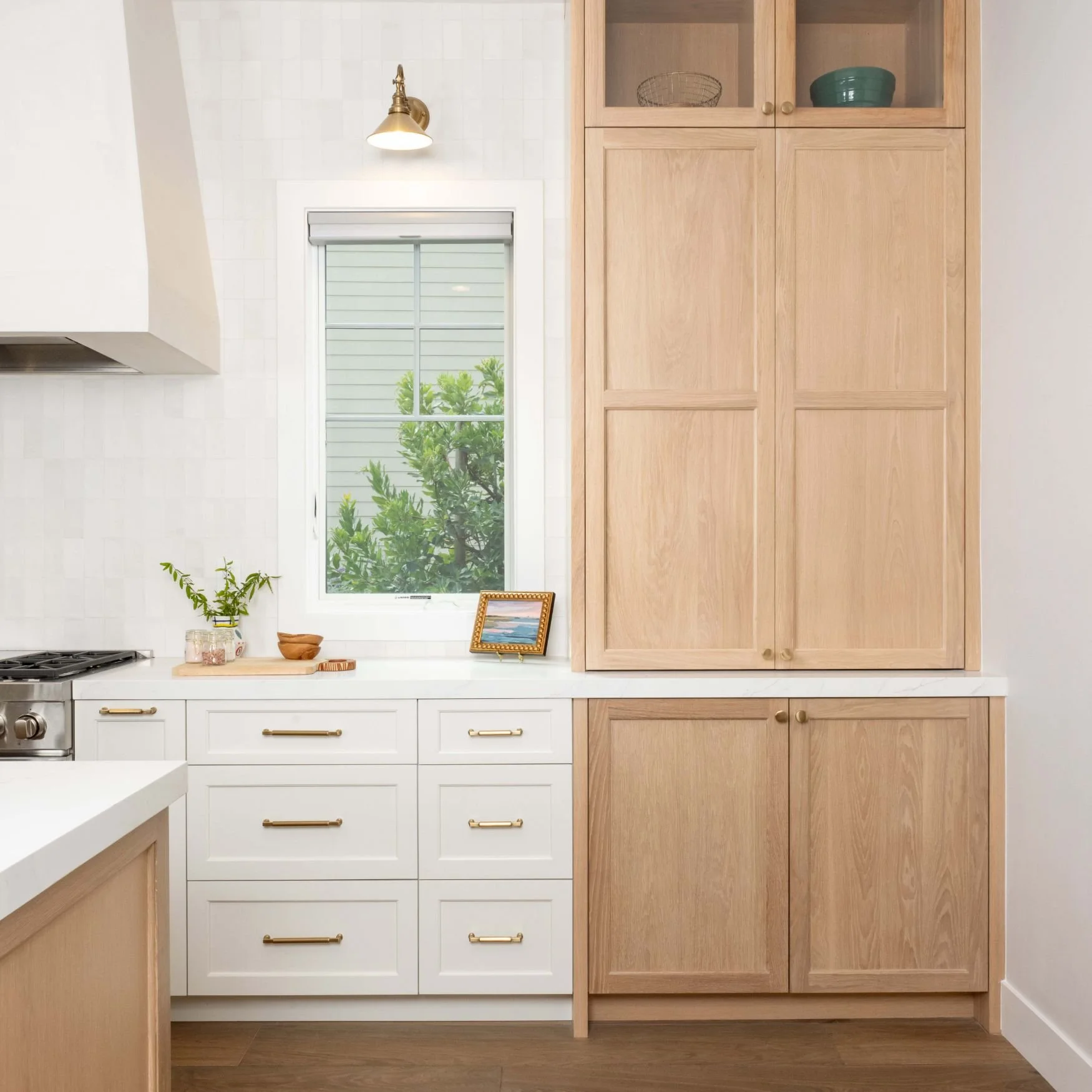 Large oak hutch kitchen cabinet with white tile