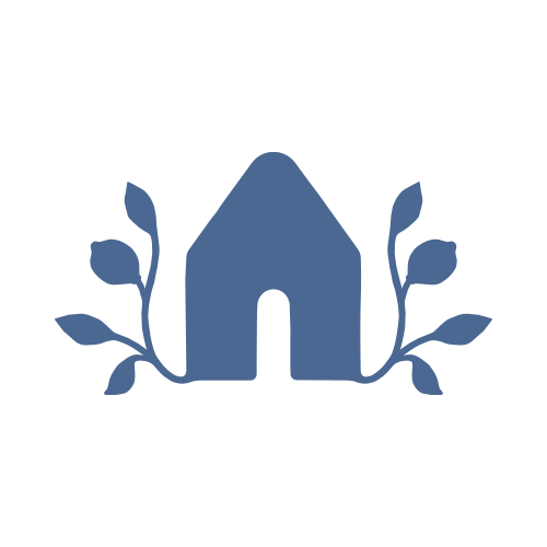 A house icon surrounded by leaves on either side, colored in blue.