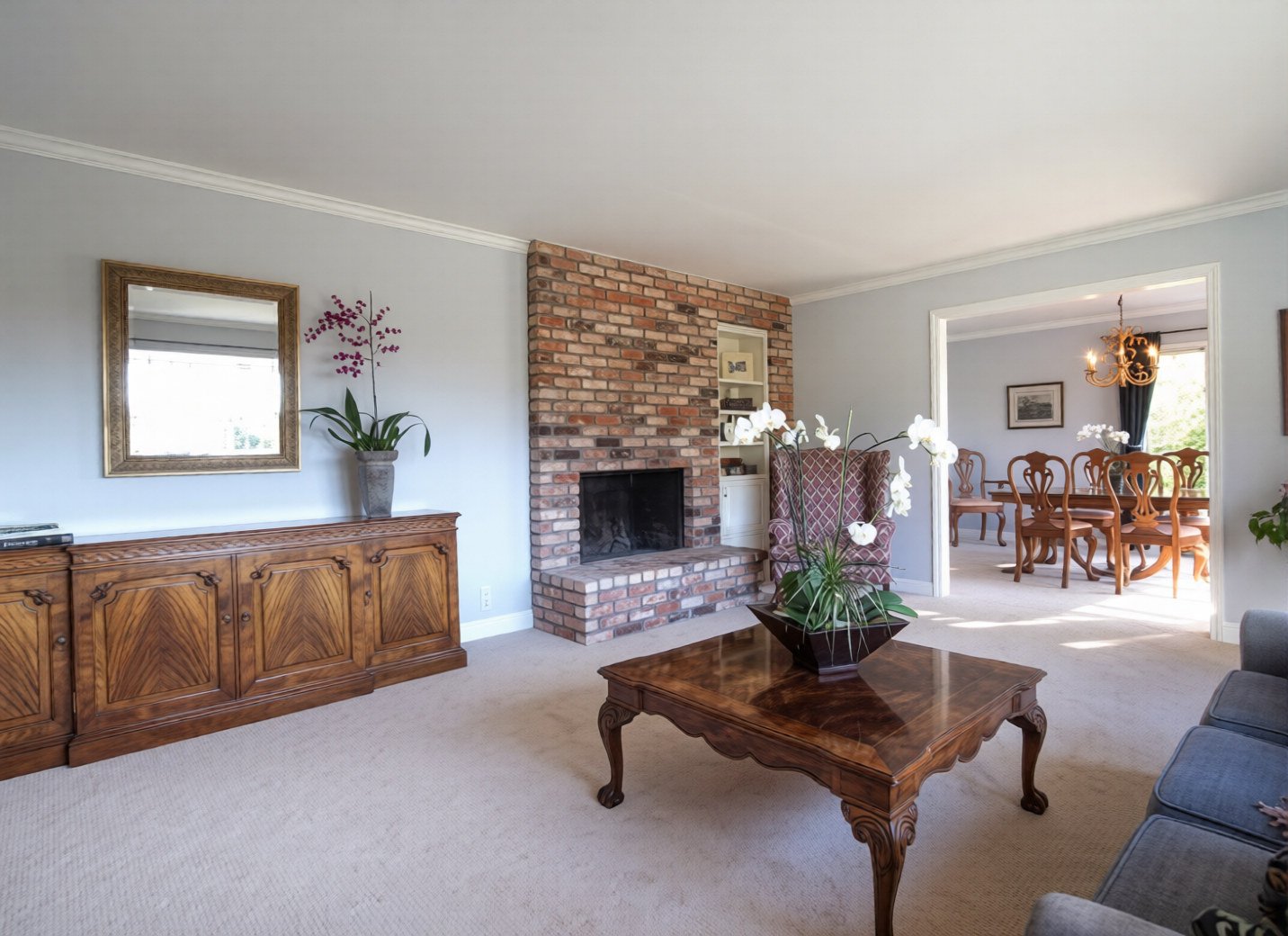 Before picture of outdated brick fireplace in moraga ca