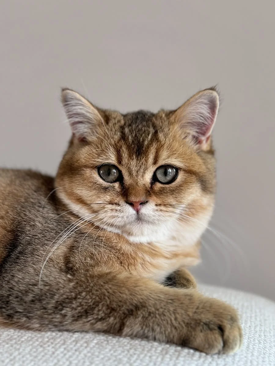 Close-up of a brown kitten with striking blue eyes, lying on a white surface with a neutral background.