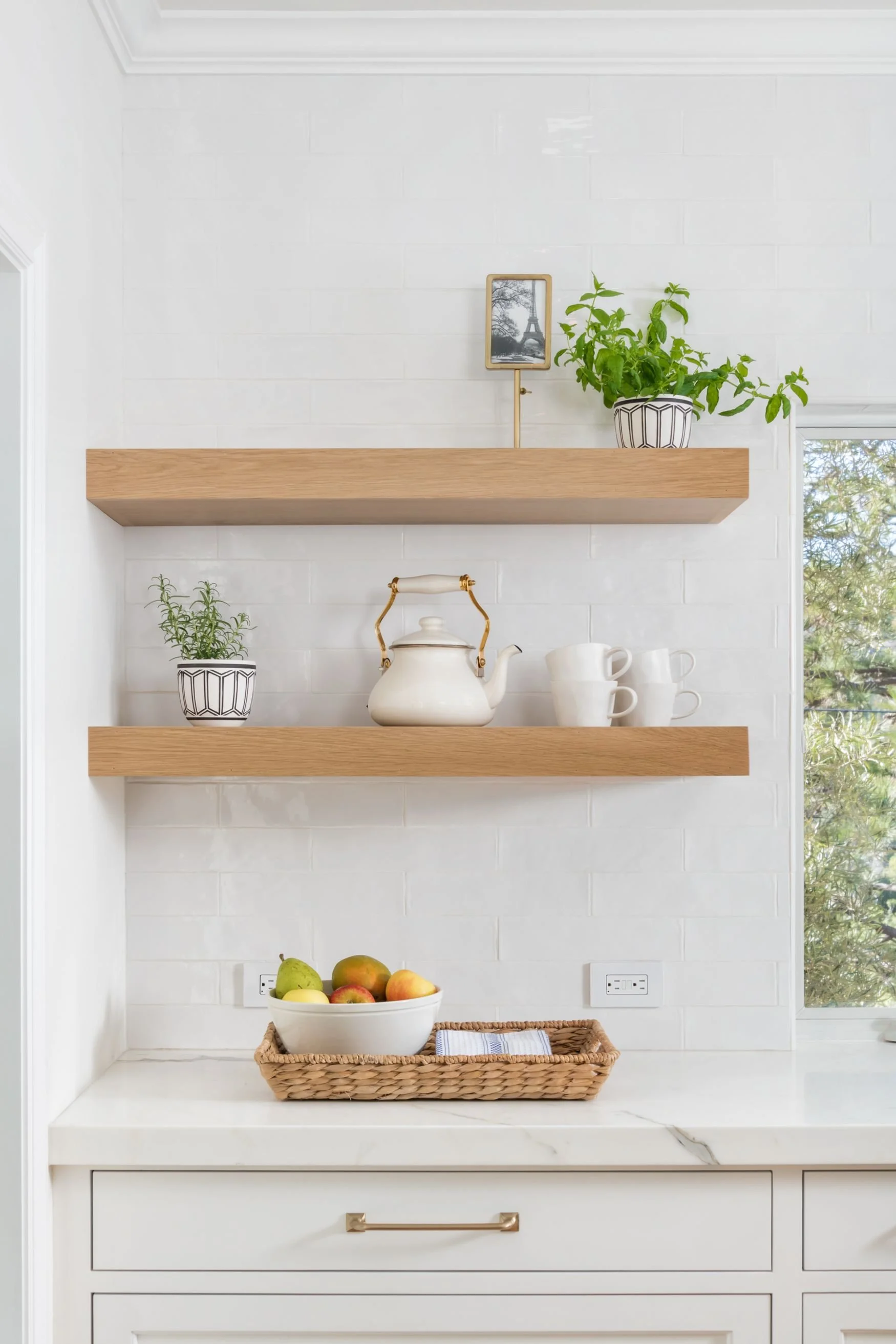 White oak floating shelves in kitchen