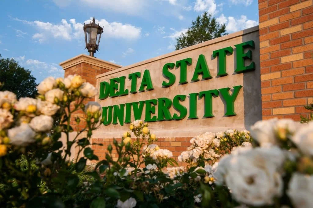 Sign reading 'Delta State University' in green letters at the campus entrance, with flowers and a brick wall and lamp post in the background.