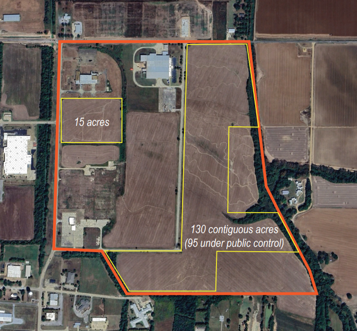 Aerial view of farmland and residential properties with outlined property lines in red and yellow, indicating 15 acres and 130 contiguous acres with 95 acres under public control.