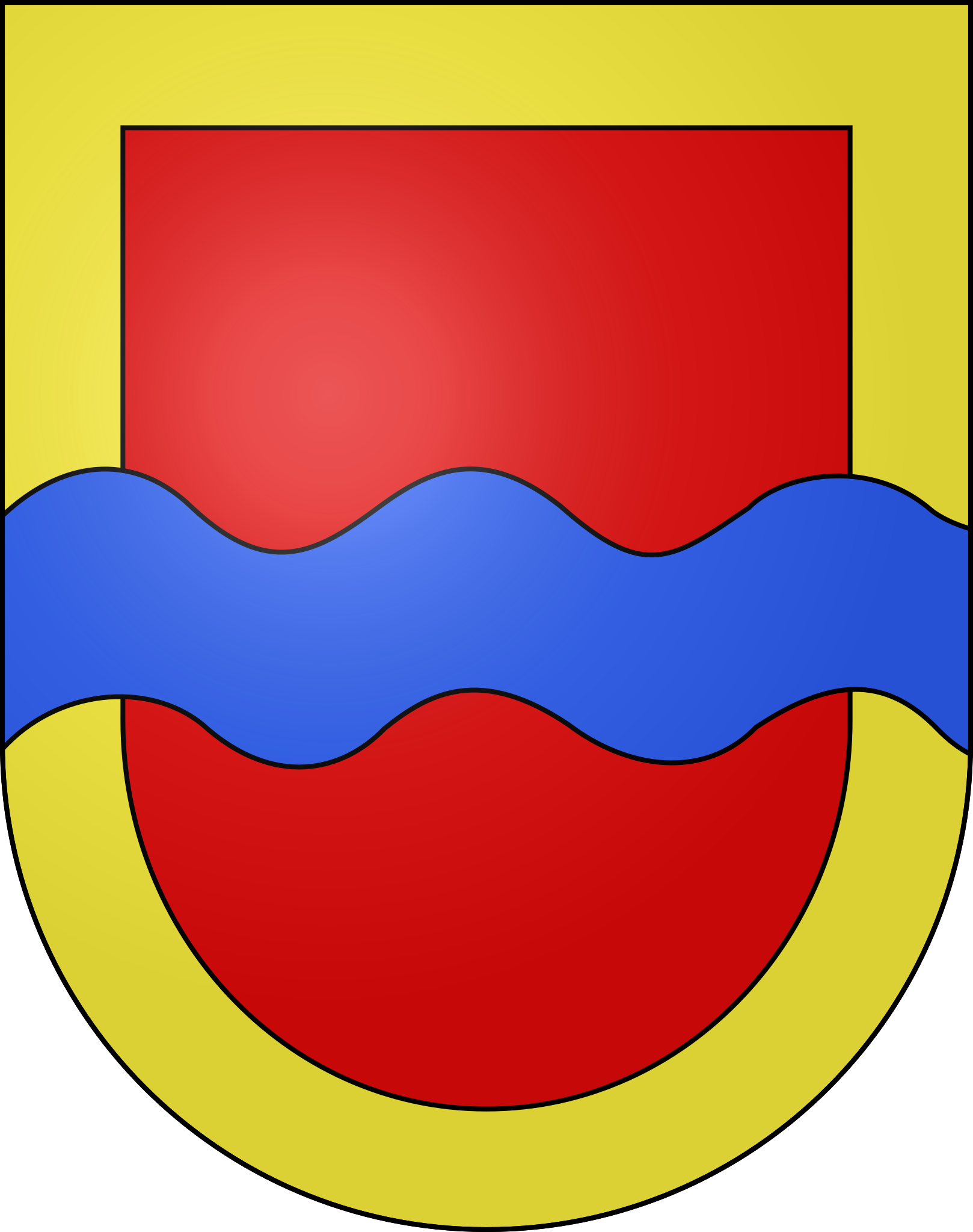 Ein Superheldensymbol mit einem roten Schild, blauen Wellen darunter und einem gelben Hintergrund.