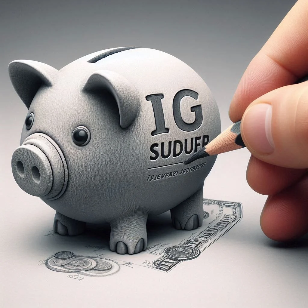 Eine graue Sparschwein-Figur mit der Aufschrift 'IG SUDUFER' wird von einer Hand mit Bleistift geschrieben, während sie auf einem Papier mit einem Dollar-Schein steht.