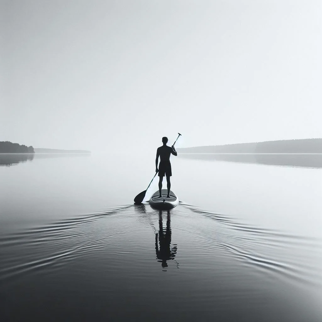 Eine Person steht auf einem Paddleboard auf ruhigem Wasser, hält einen Paddel in einer Hand und blickt in die Ferne, im Hintergrund sind Uferlinien sichtbar.