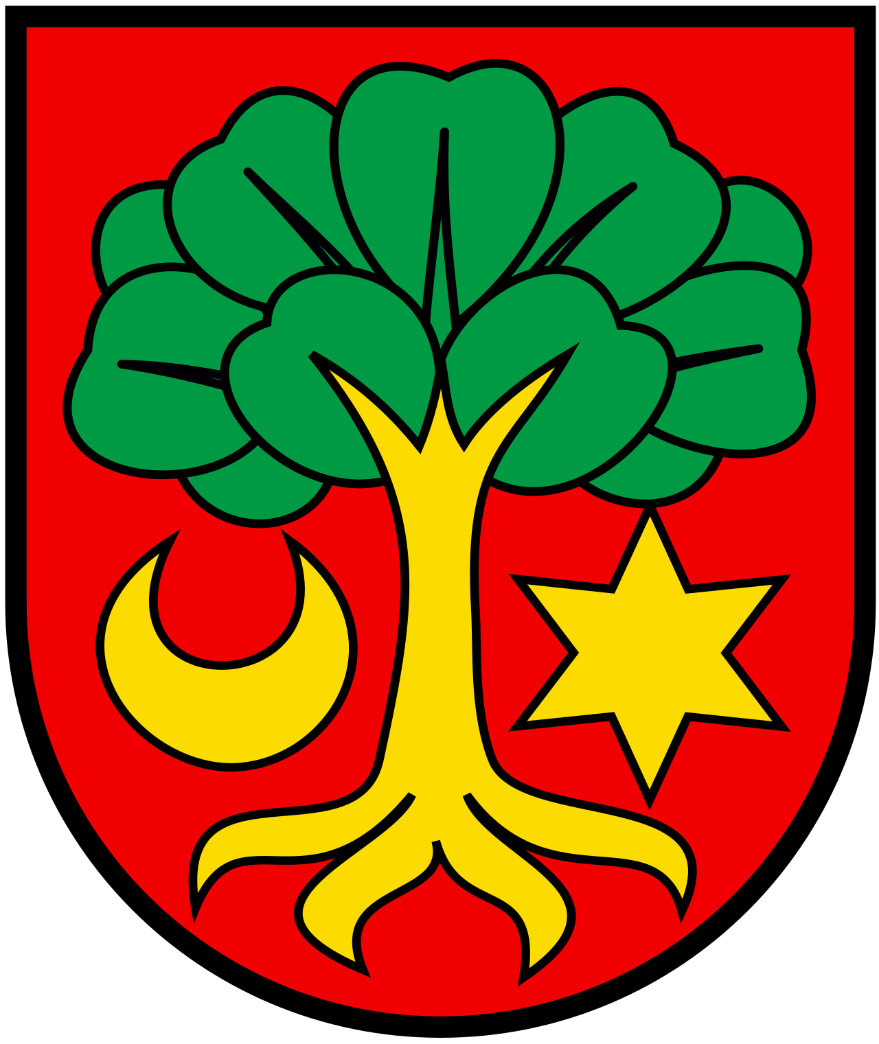 Wappen mit einem grünen Baum, einer goldenen Mondsichel auf der linken Seite und einem goldenen Stern auf der rechten Seite, vor rotem Hintergrund.