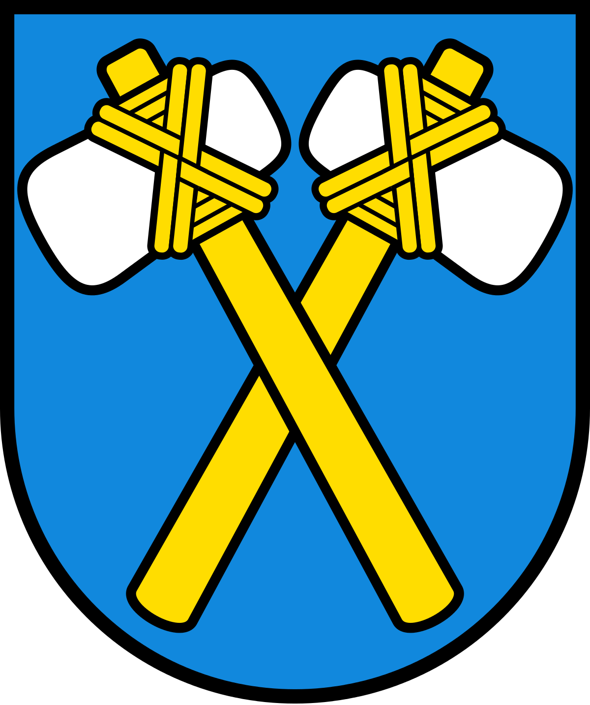 Ein Wappen mit zwei goldenen Äxten gekreuzt auf blauem Schild.
