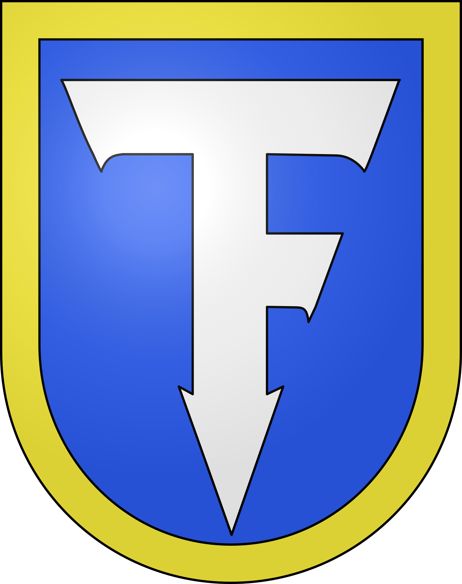 Das Wappenschild zeigt einen weißen Aufwärtspfeil auf blauem Grund, umgeben von einem gelben Rand.