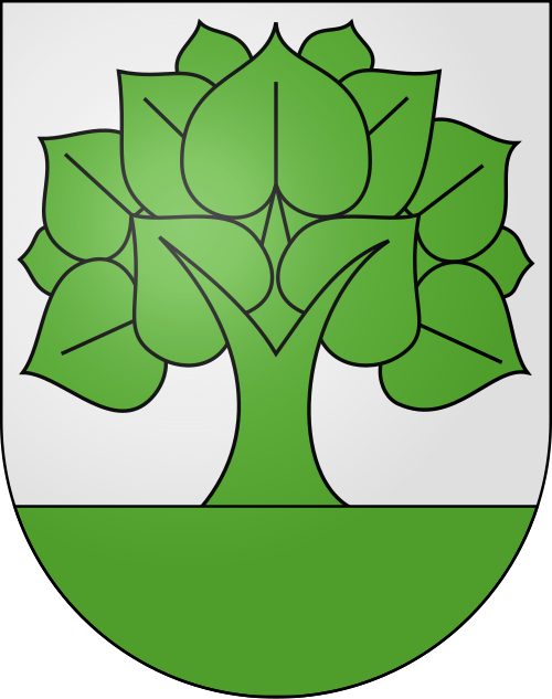 Wappenschild mit stilisiertem grünen Baum mit großen Blättern auf grauem Hintergrund