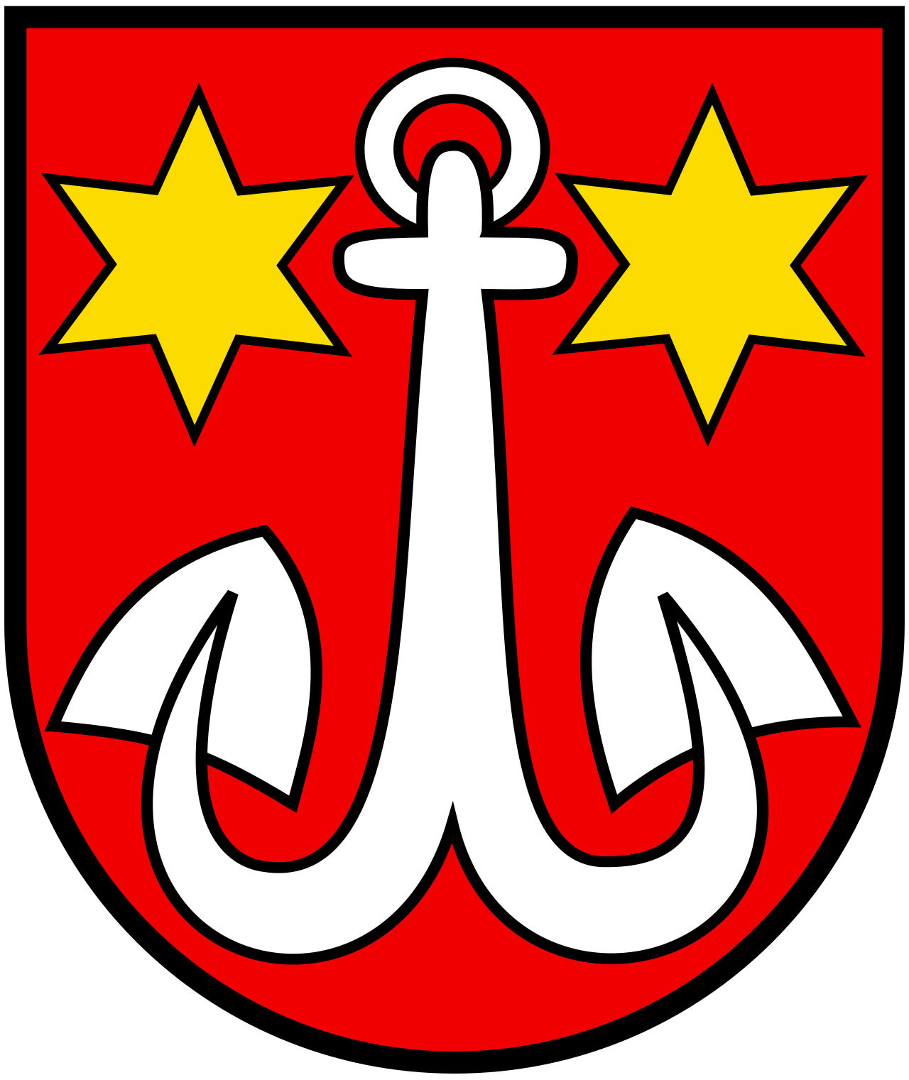 Wappen mit rotem Hintergrund, weißem Seepferd, zwei gelben Sternen und weißen Flügeln