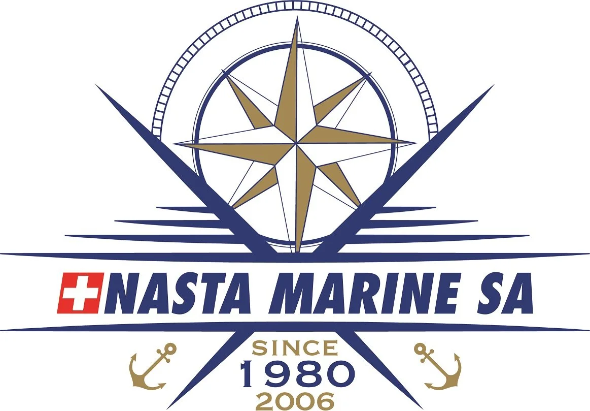 Logo von Nasta Marine SA mit einem Kompass, Ankern, Schweizer Kreuz und Texten 'Since 1980', '2006'