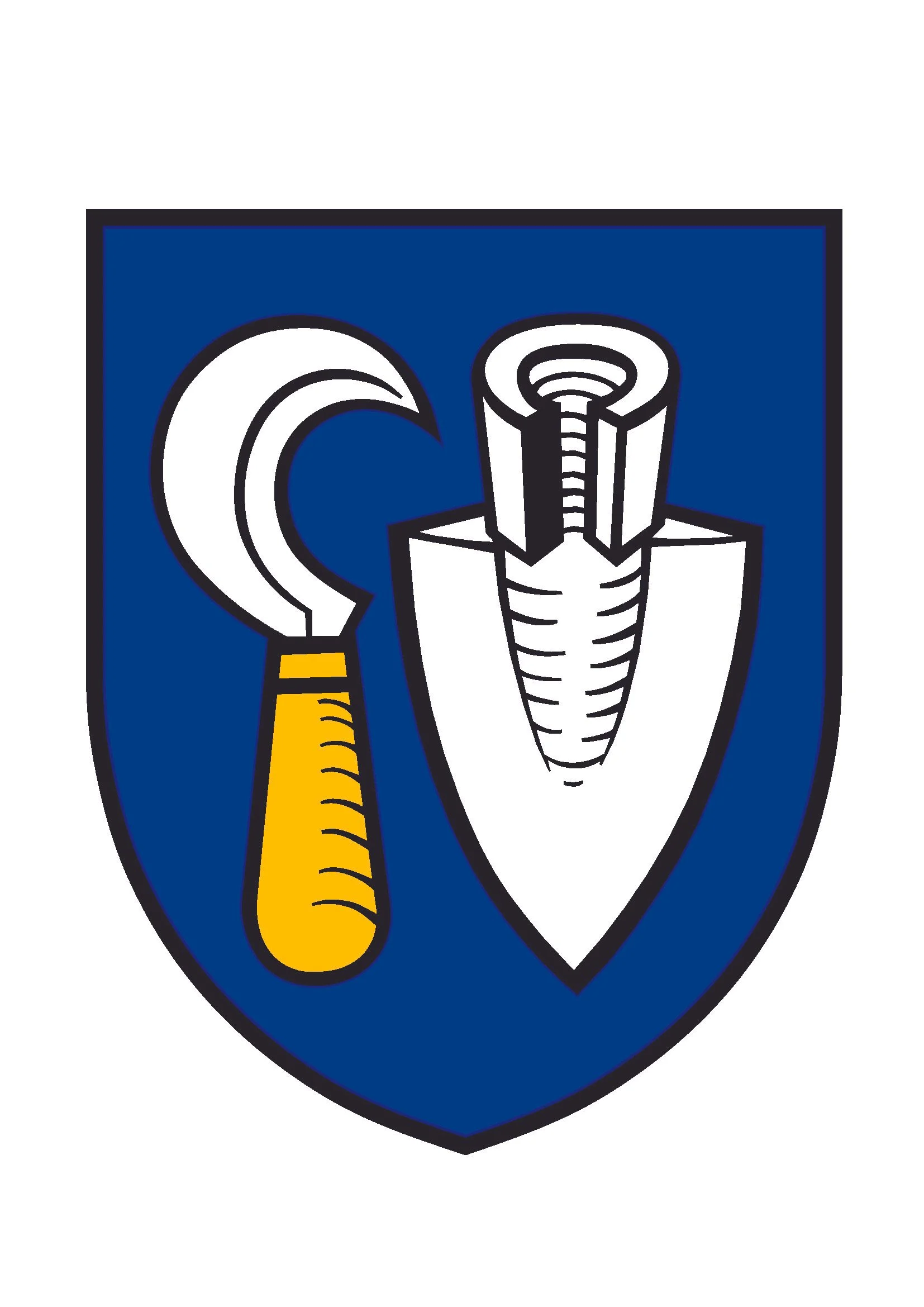Wappen eines blauen Schildes mit einem weißen Zahnrad, einem Gabelschlüssel, einem Schraubenschlüssel und einem goldenen Hammer darin.