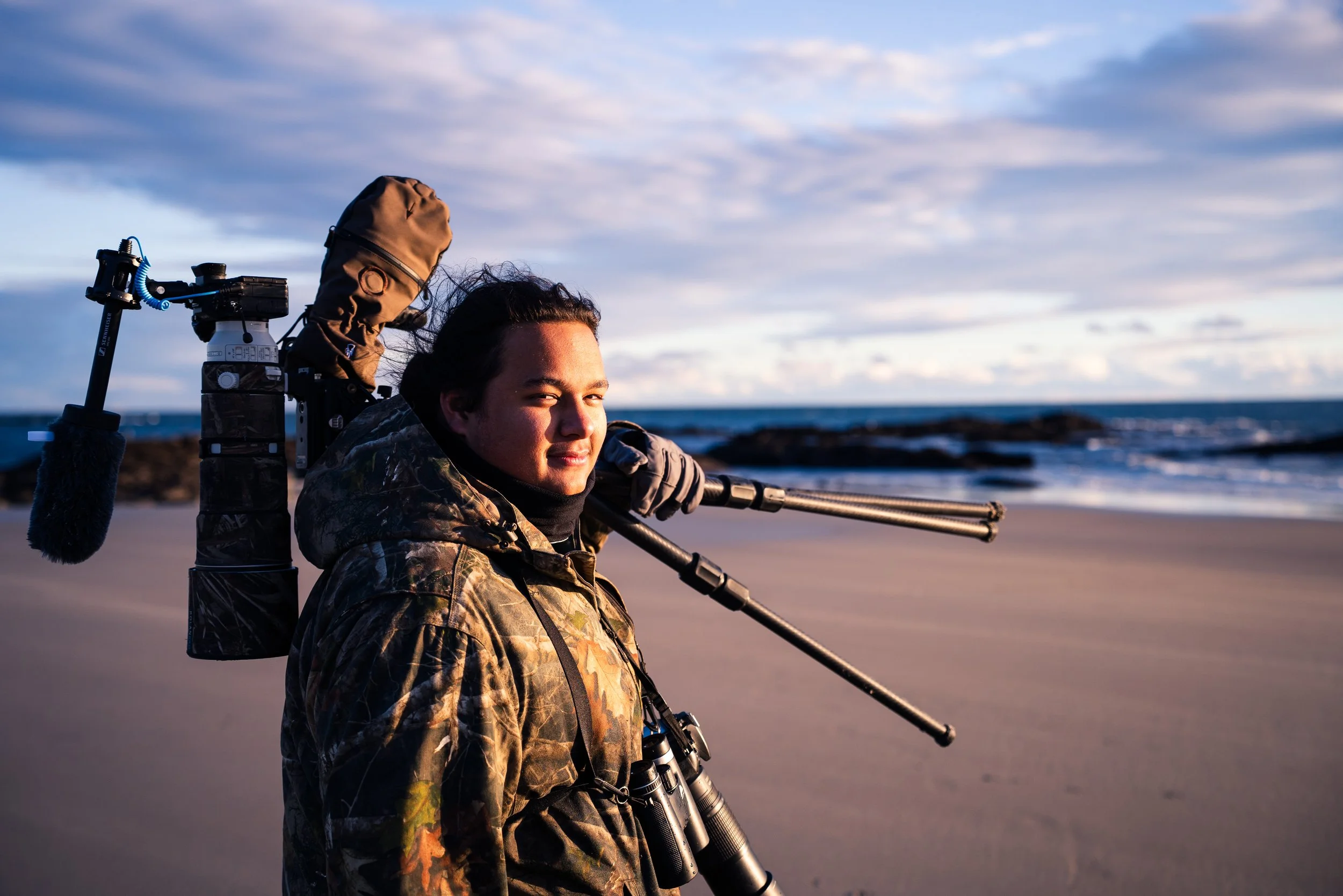 My best friend in extremely cold high winds in Maine minutes before the mic on the camera fell off into the abyss never to be seen again.