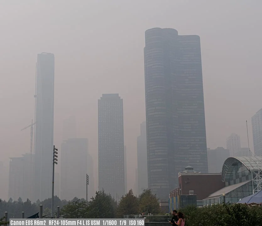 July 16, 2026, Chicago Navy Pier. The building on the right is Chicago's Lake Point Tower. The haze is from the Canadian Wildfires. The wind carried the smoke from Ontario, Canada, to Chicago. At times, the air smelled of burning trees.
This image is