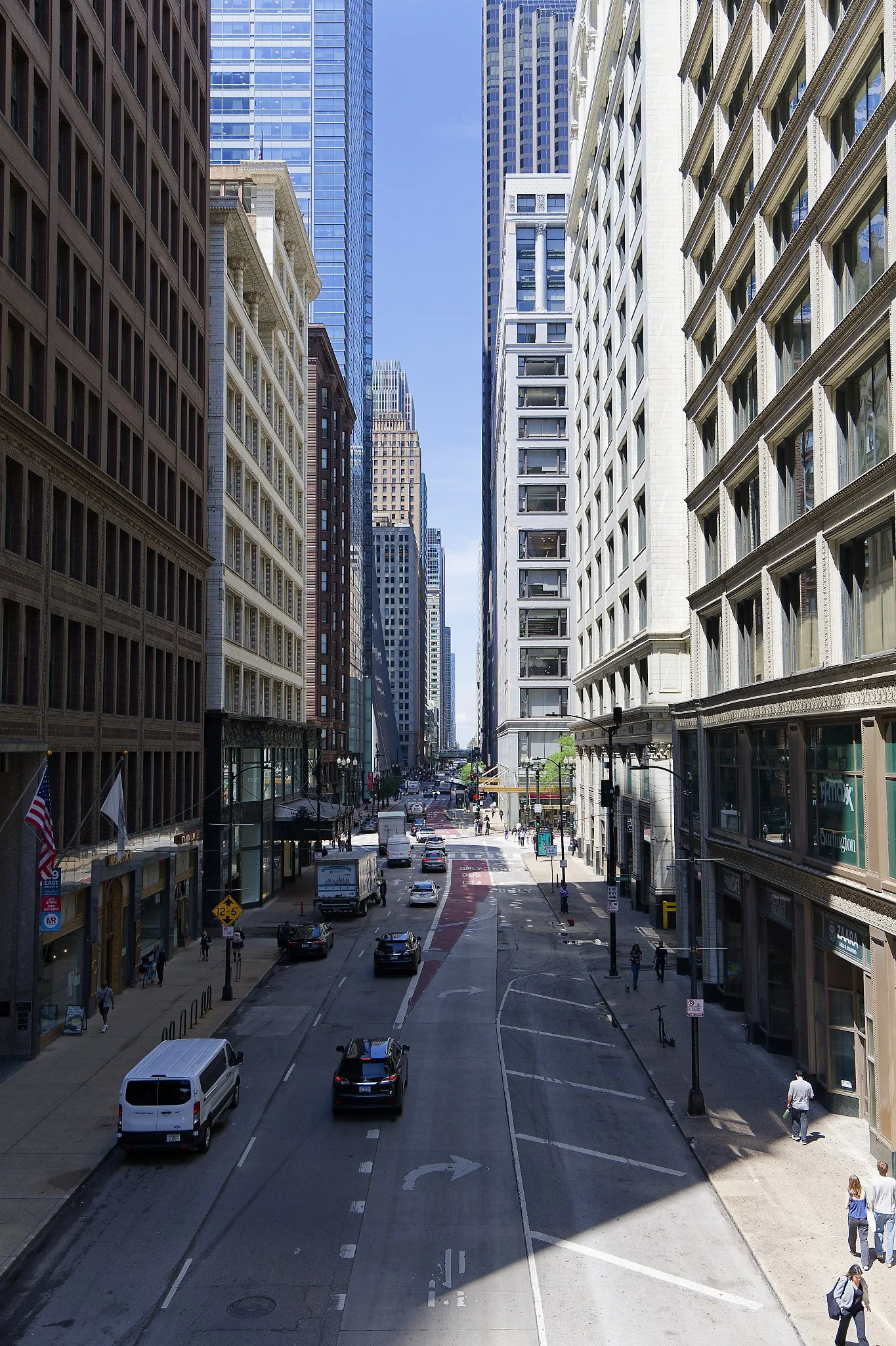 Looking south on Clark Street from the Clark & Lake elevated train station.