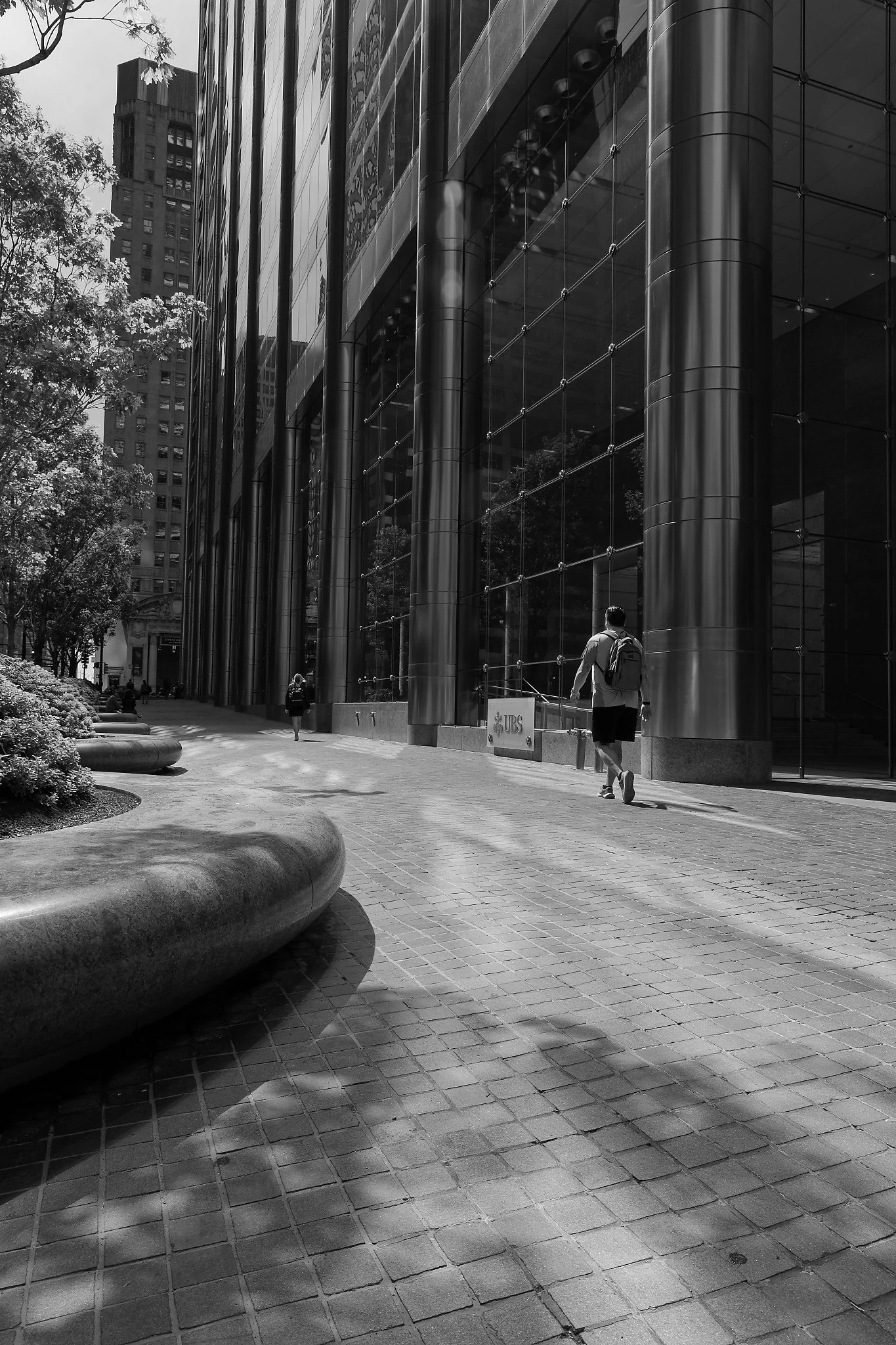 Light and shadow in grayscale at the UBS building on west Madison Street in Chicago's business district