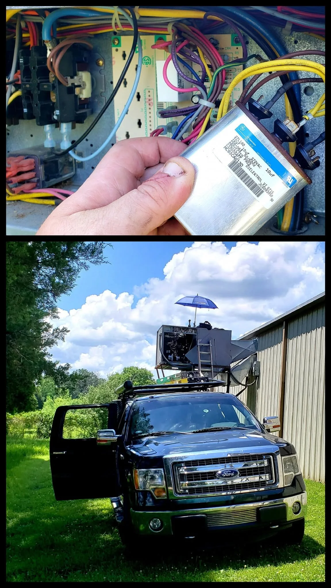The top image shows a person holding an electrical component inside an open electrical box with colorful wires. The bottom image shows a black Ford utility truck parked outside on a grassy area near a building, with equipment mounted on top of the tr