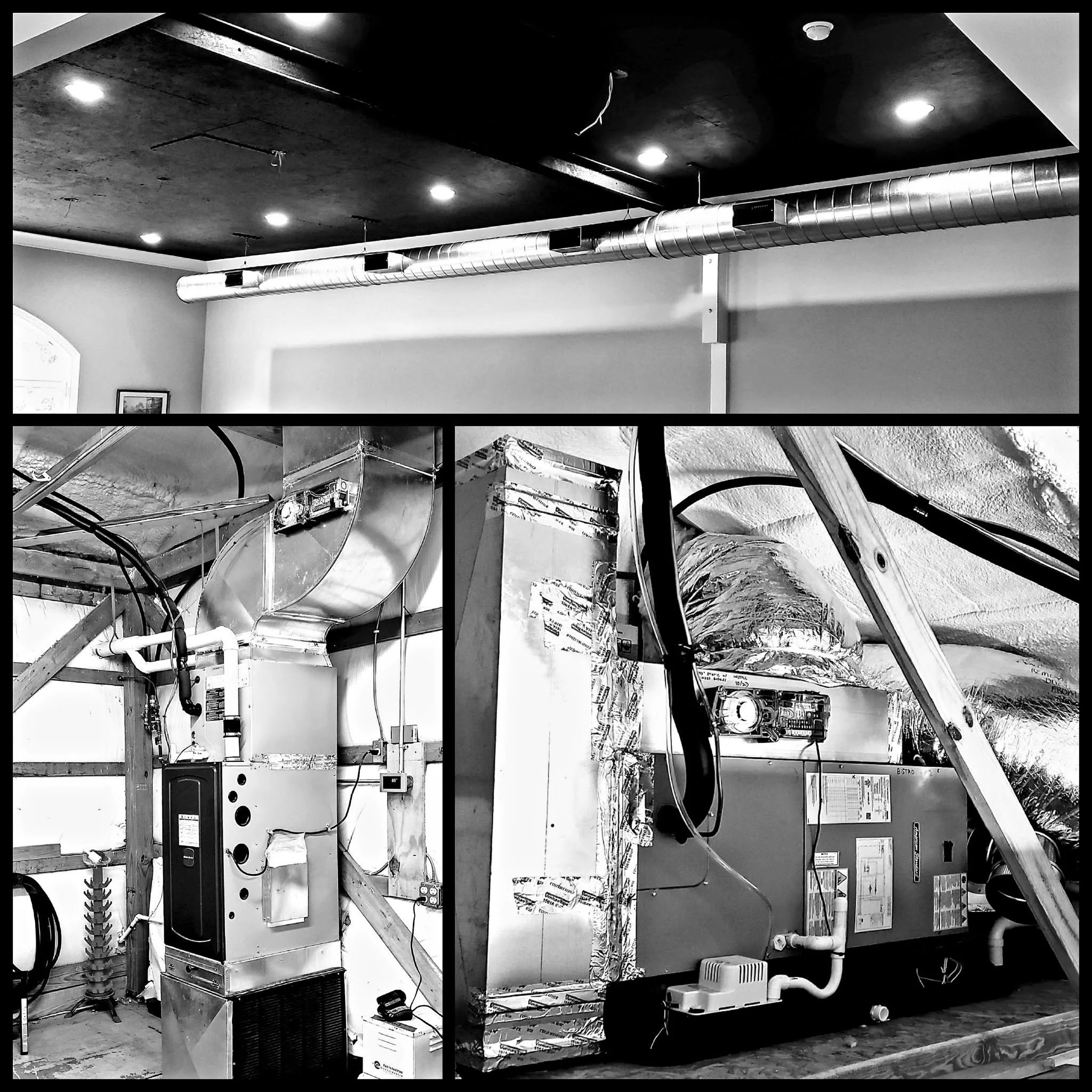 Construction site or workshop with ventilation ducts, pipes, and machinery. The area appears to be in the process of building or renovation with various tools and materials visible.