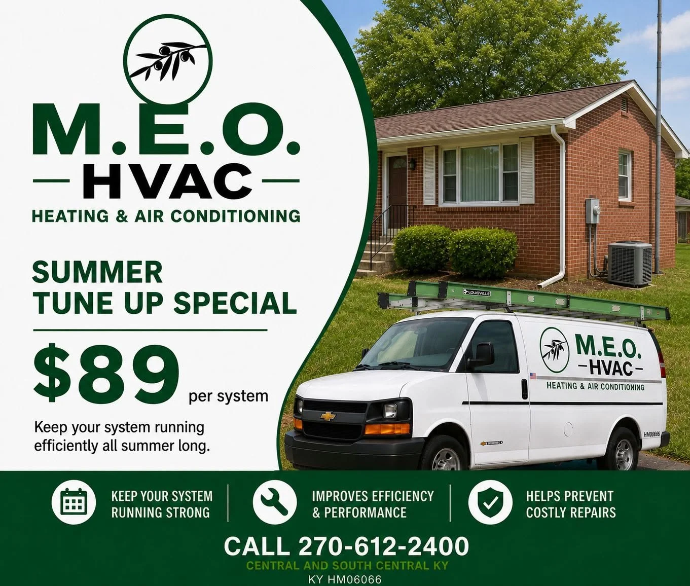 Advertisement for M.E.O. HVAC heating and air conditioning services. Special summer tune-up offer for $89 per system. Includes a photo of a white HVAC service van with ladder and company logo, and a brick house with HVAC unit outside.
