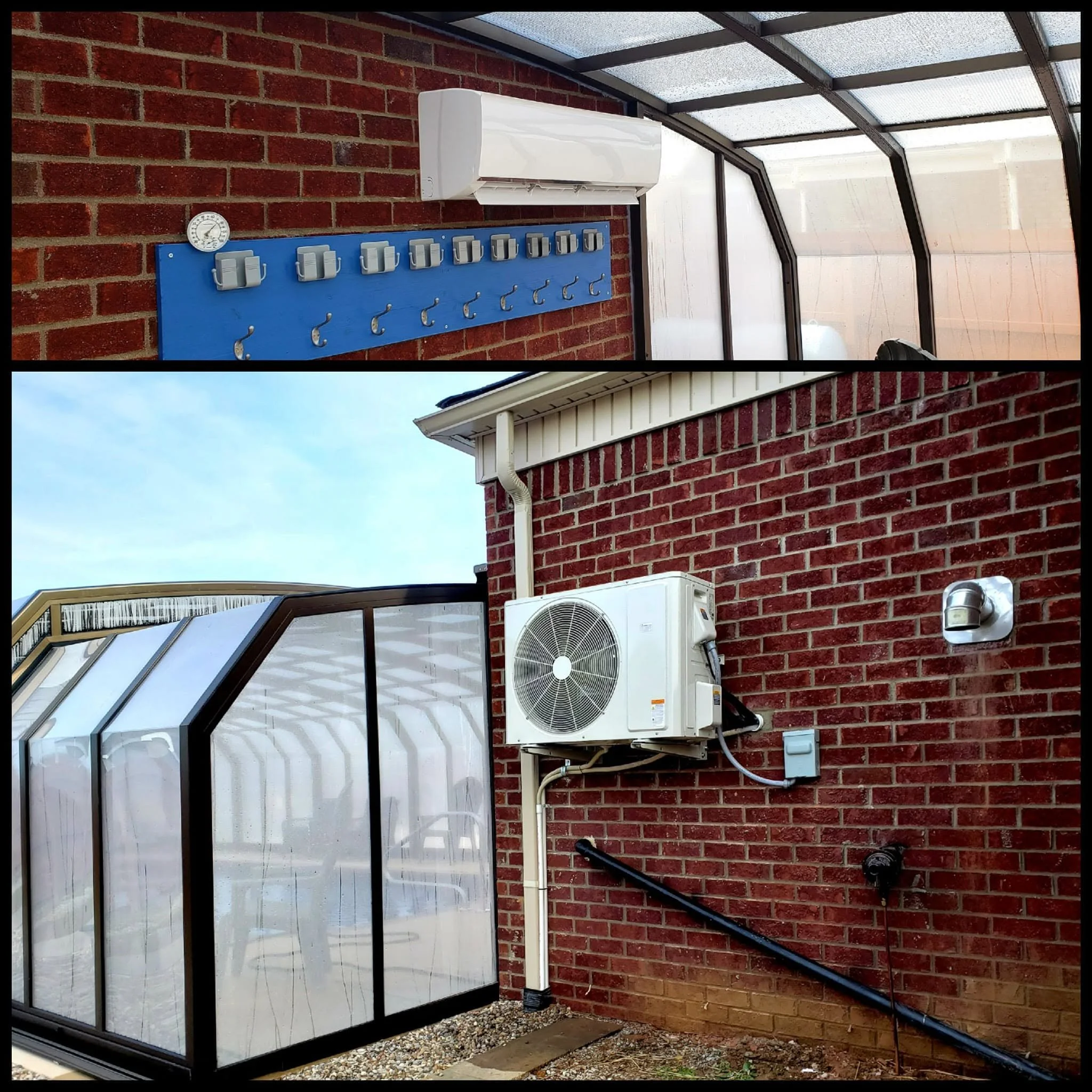 Brick house wall with an outdoor air conditioning unit, a blue coat rack with hooks, a thermostat, a small security camera, a vent pipe, and part of a glass-enclosed porch or sunroom.