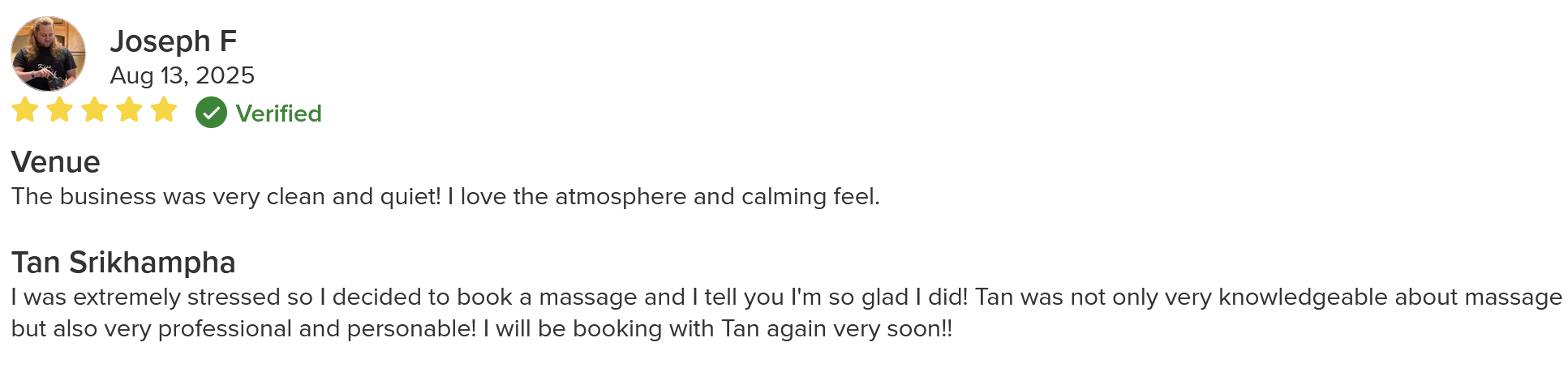 Customer review with five gold stars, verified badge, customer name Joseph F, date August 13, 2025, and text praising a clean, quiet venue and professional massage therapy by Tan Srikhampa.