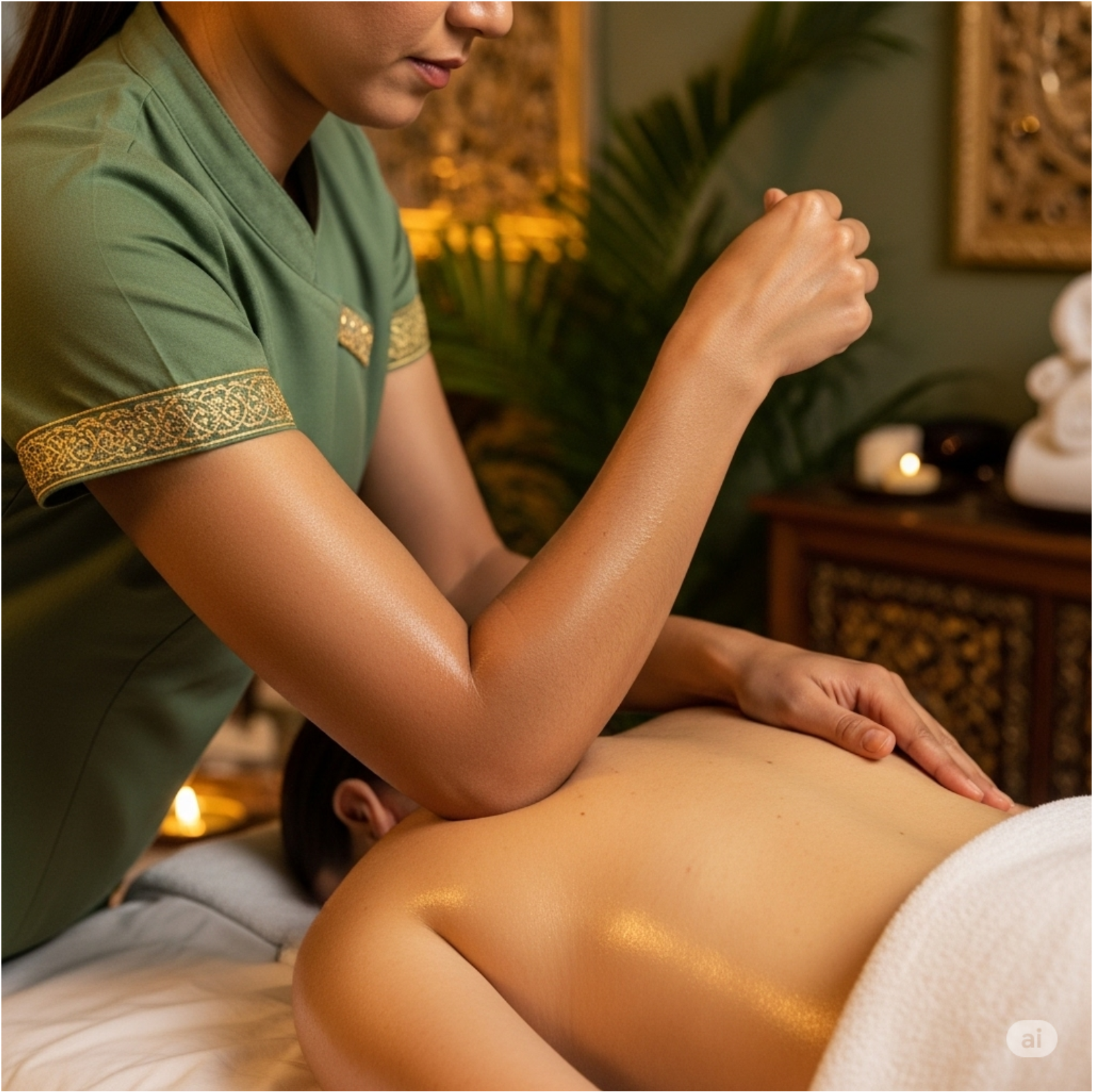 Therapist using her elbow for deep tissue massage technique for pain relief