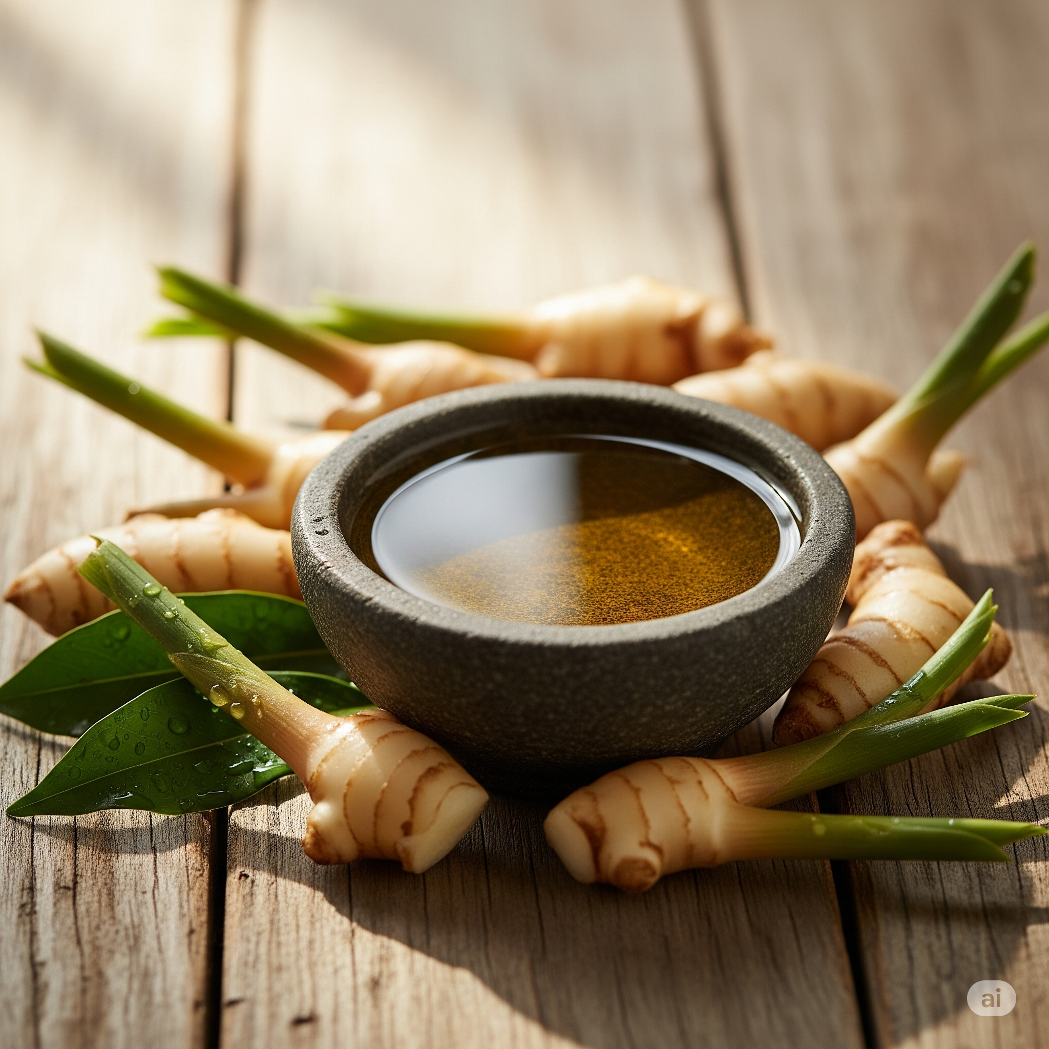 Close-up of Plai essential oil with fresh Plai roots and green leaves on a rustic wooden table, evoking a natural, herbal, and therapeutic spa feel.