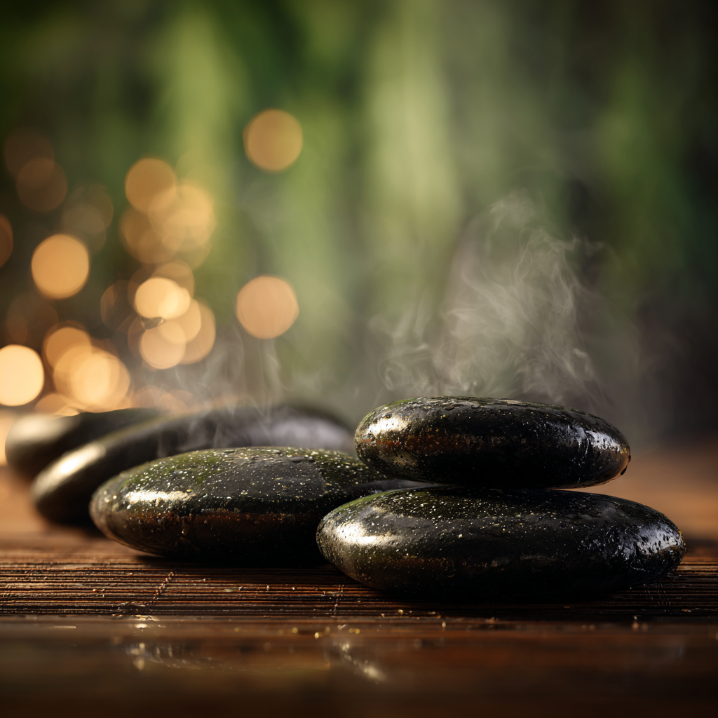 Stacked hot stones with steam rising, on a wooden surface with blurred greenery background and bokeh lights.