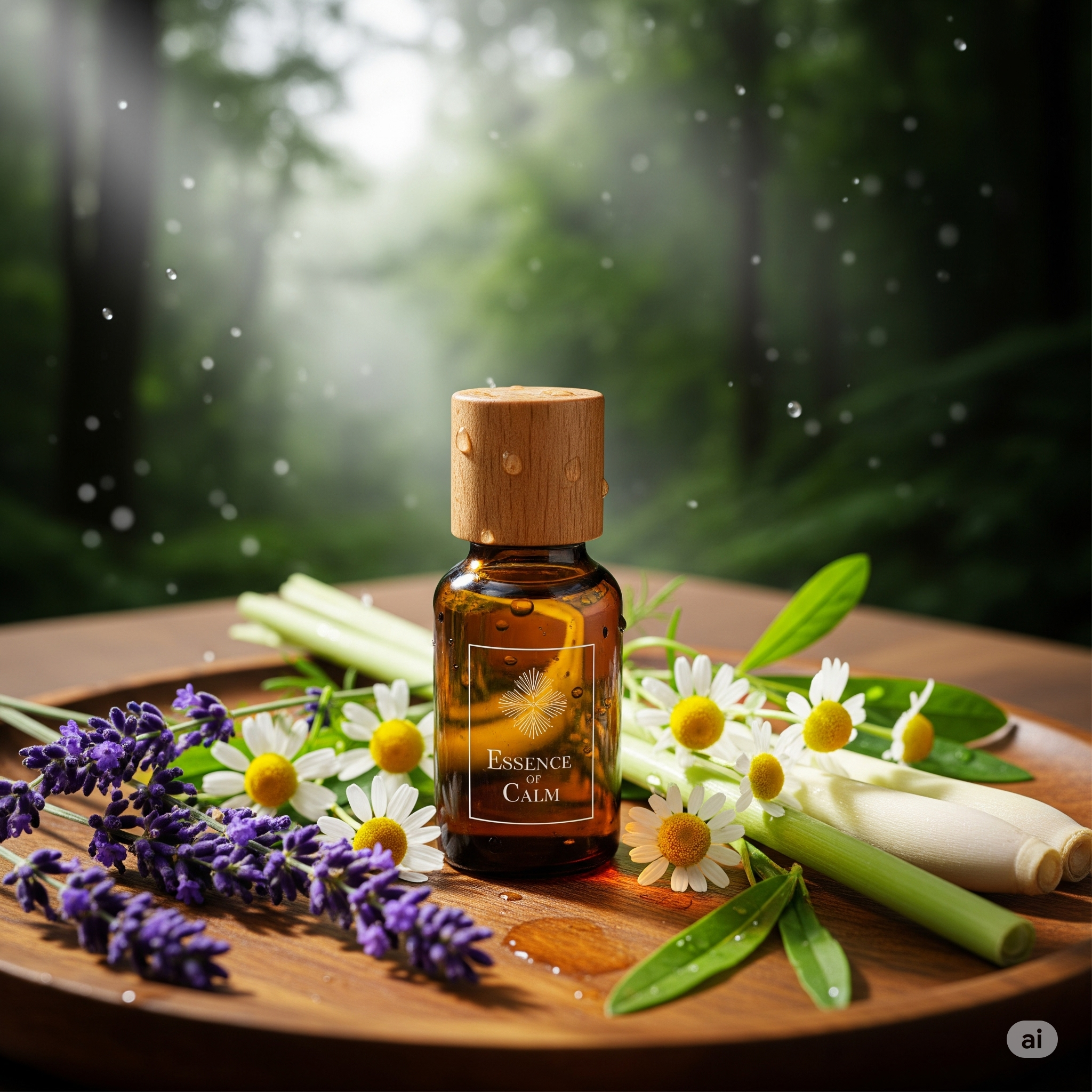 Amber glass bottle of essential oil on a wooden tray, surrounded by fresh lavender, chamomile, and lemongrass, with soft natural daylight and a blurred spa background