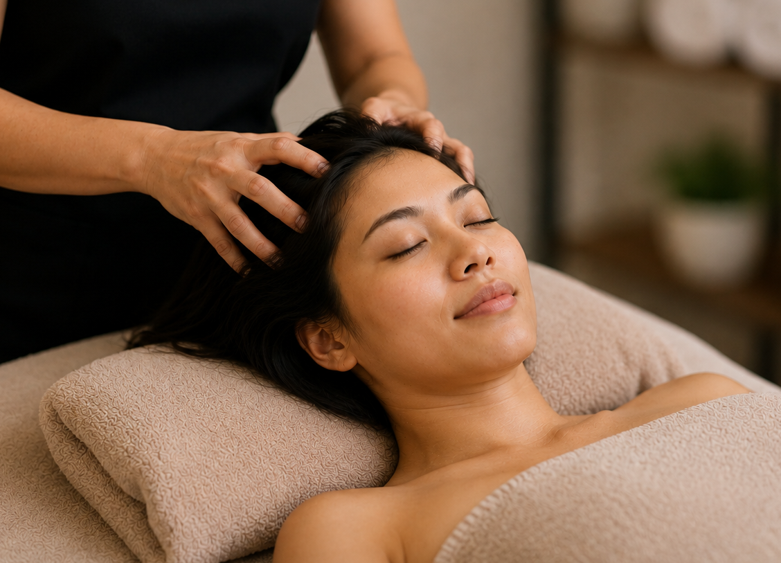 Relaxation massage with a therapist gently massaging a client’s scalp in a peaceful spa setting