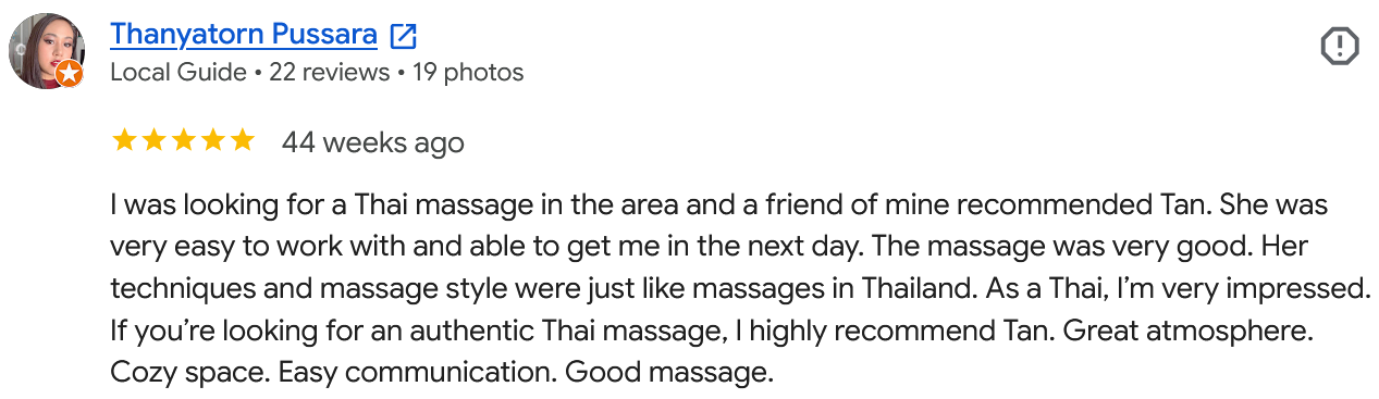 Google user review of a Thai massage service, praising the massage therapist named Tan for her techniques and friendly atmosphere.