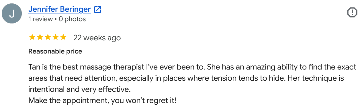 Screenshot of a positive review about Tan, praising her skills as a massage therapist.