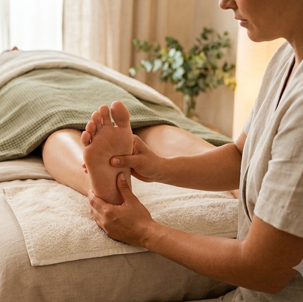 A massage therapist gives a foot Foot Reflexology to a person lying on a massage table in a room with beige walls and green plants in the background.