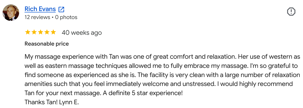 Google reviews page with a review from Lynn E. about her massage experience with Tan, mentioning her satisfaction and recommendation.