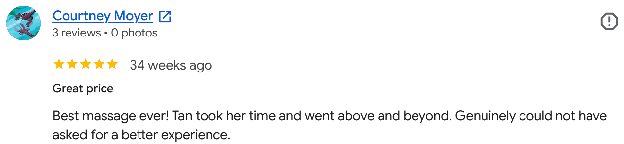 Screenshot of a Google review by Courtney Moyer praising a massage, with a 5-star rating, posted 34 weeks ago.