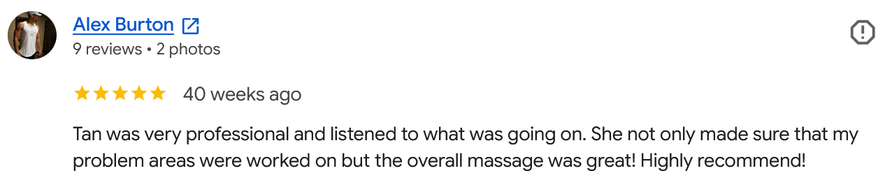 Screenshot of a review for Alex Burton, showing five stars, a review date of 40 weeks ago, and a comment about a professional massage experience.