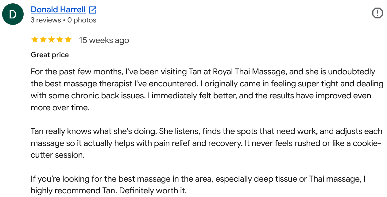 Screenshot of a Google review for a massage therapist named Tan at Royal Thai Massage, praising her skills and effectiveness.