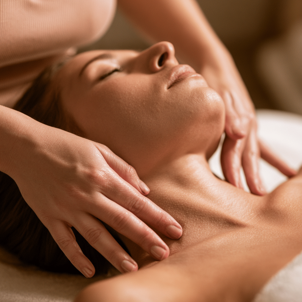 Therapist performing gentle Manual Lymphatic Drainage on a client’s neck during a wellness MLD session.